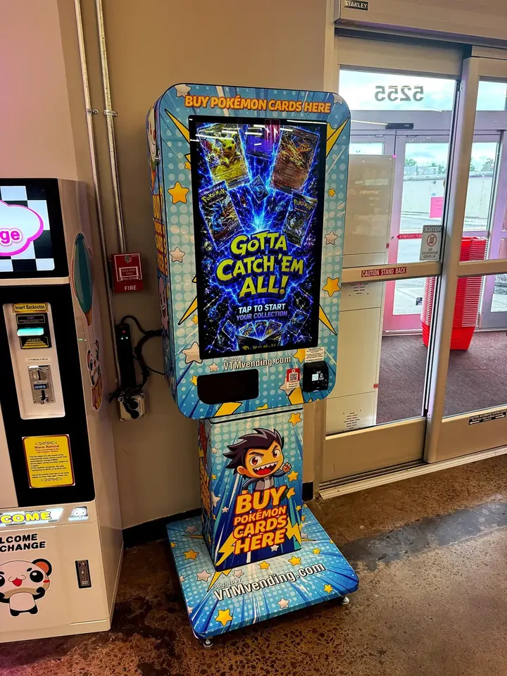 Pokémon card vending stand at a store entrance